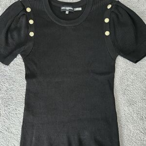 Black Puff Sleeve Top with Gold Button Accents
